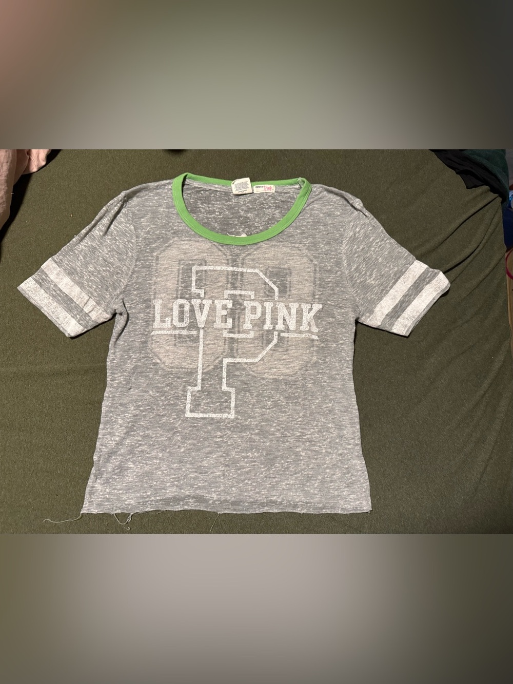 PINK Victoria's Secret Gray Short Sleeve Tee with Green Trim